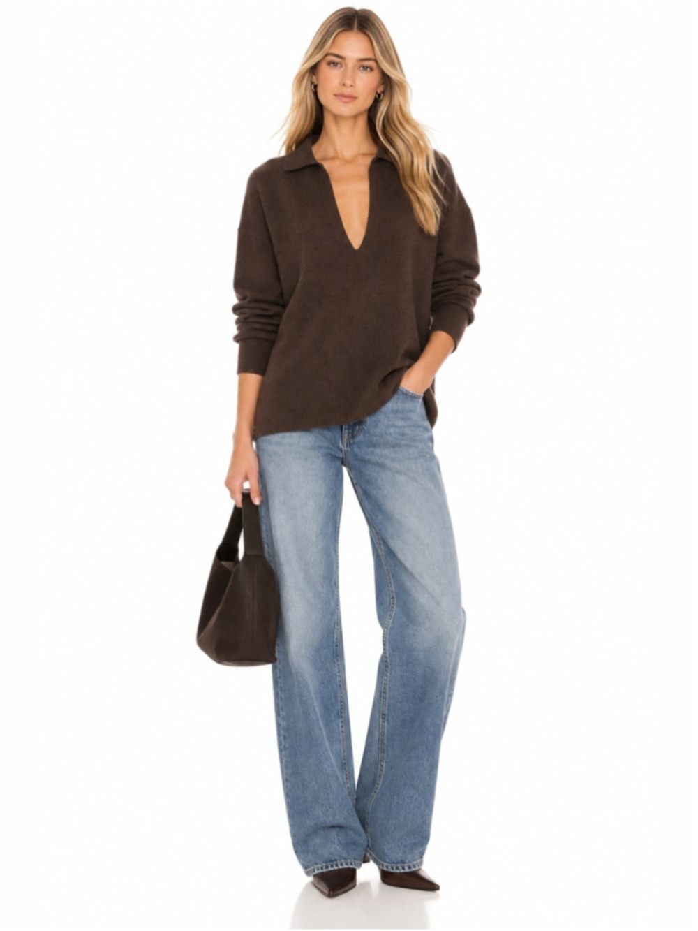 KEIGAN Brown Cashmere Wool Collared Deep V-Neck Oversized Sweater